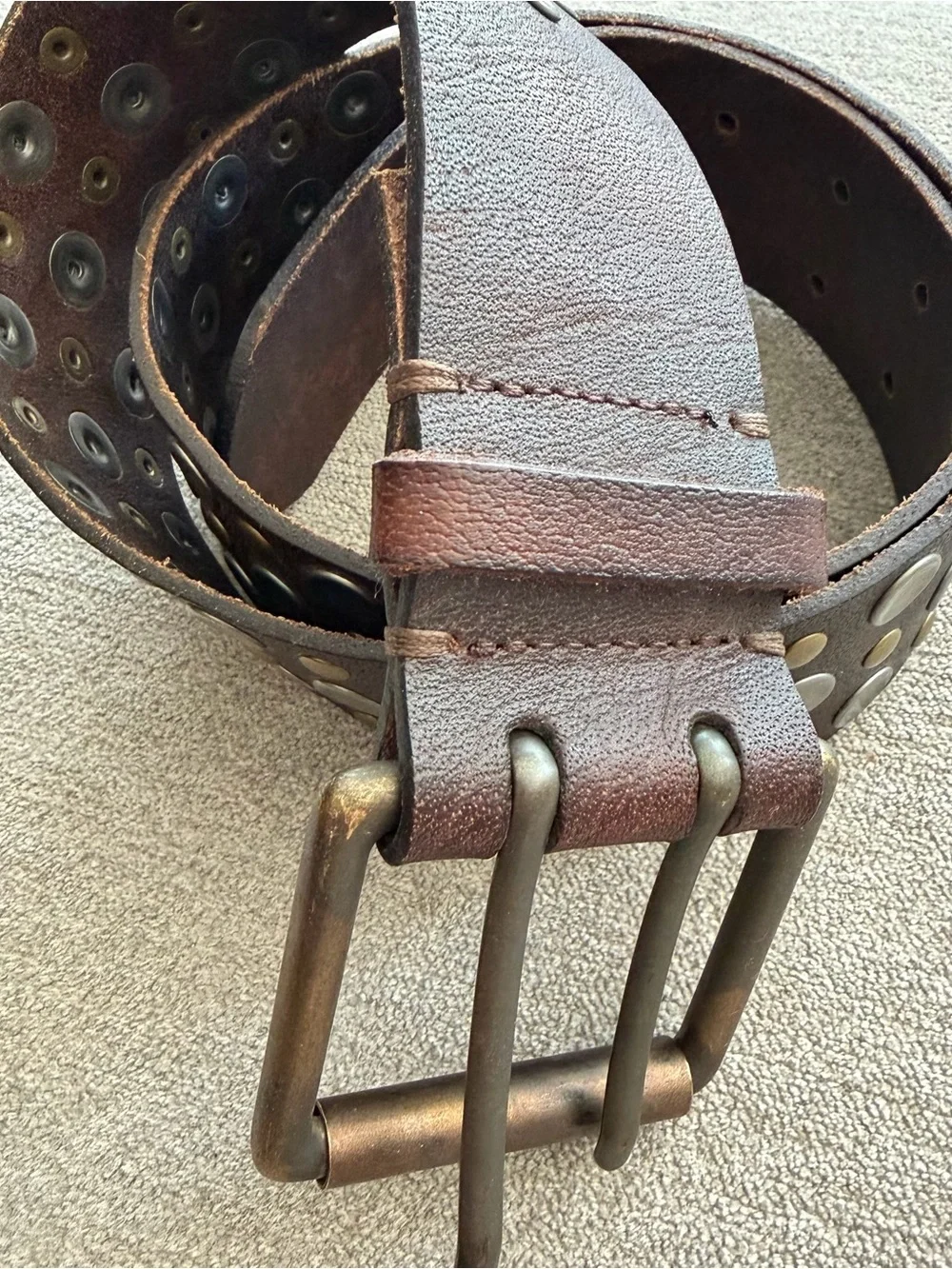 Vintage Hollister Studded Leather Belt Brown Wide Double Hole XS/S
